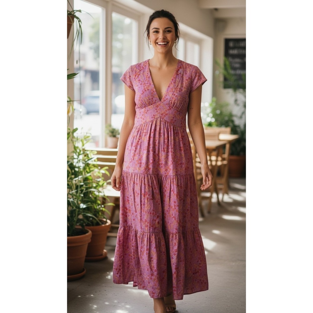 Marc Jacobs Pink Floral Tiered Maxi Dress V-Neck Cap Sleeve Side Zip Designer